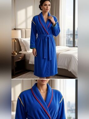 Vintage Tiffany Loungewear Royal Blue Terry Robe with Primary Color Trim